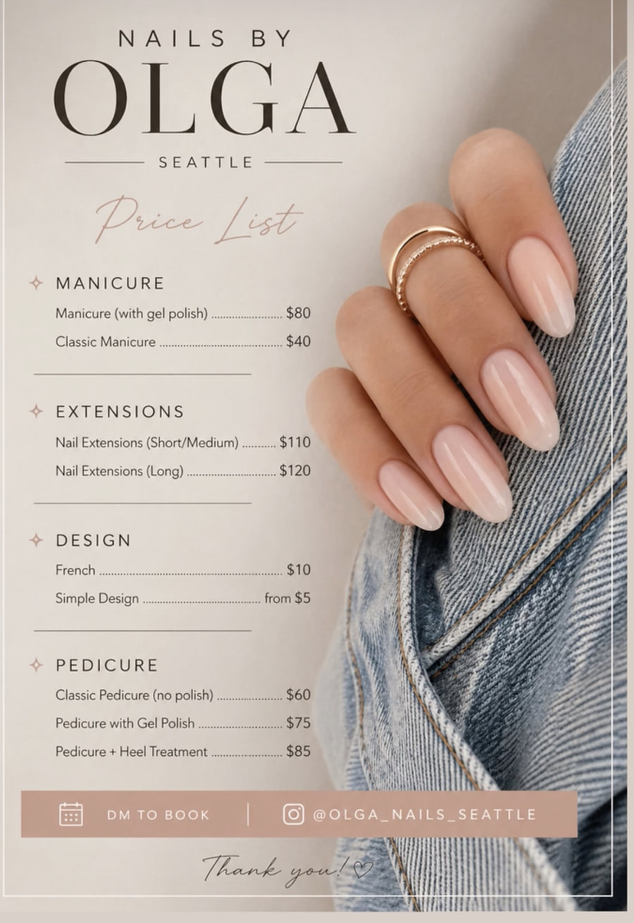 Прайс-лист Nails by Olga, Seattle